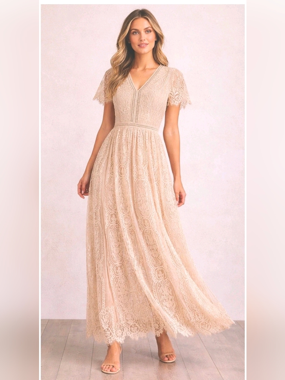 NWT Merokeety Beige Nude Lace Floral Maxi Dress (L)